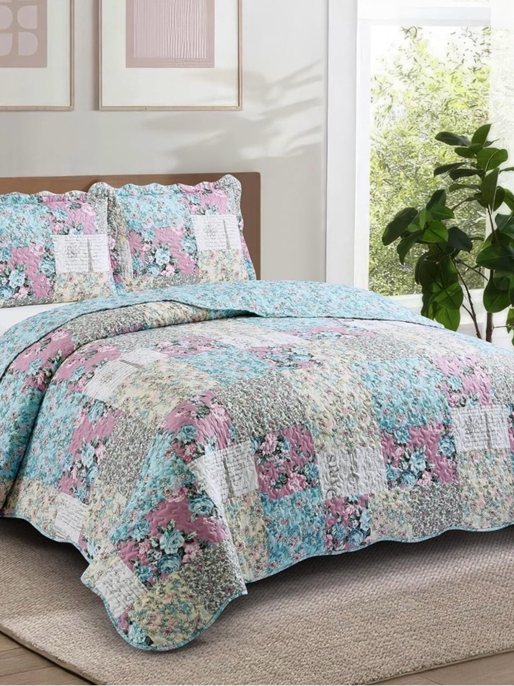 Floral Patchwork Quilt Set - Pink & Blue